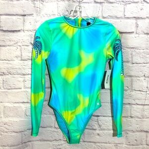 Hurley Multicolor Long Sleeve Swimsuit 330 size Small with palm tree arms NWT